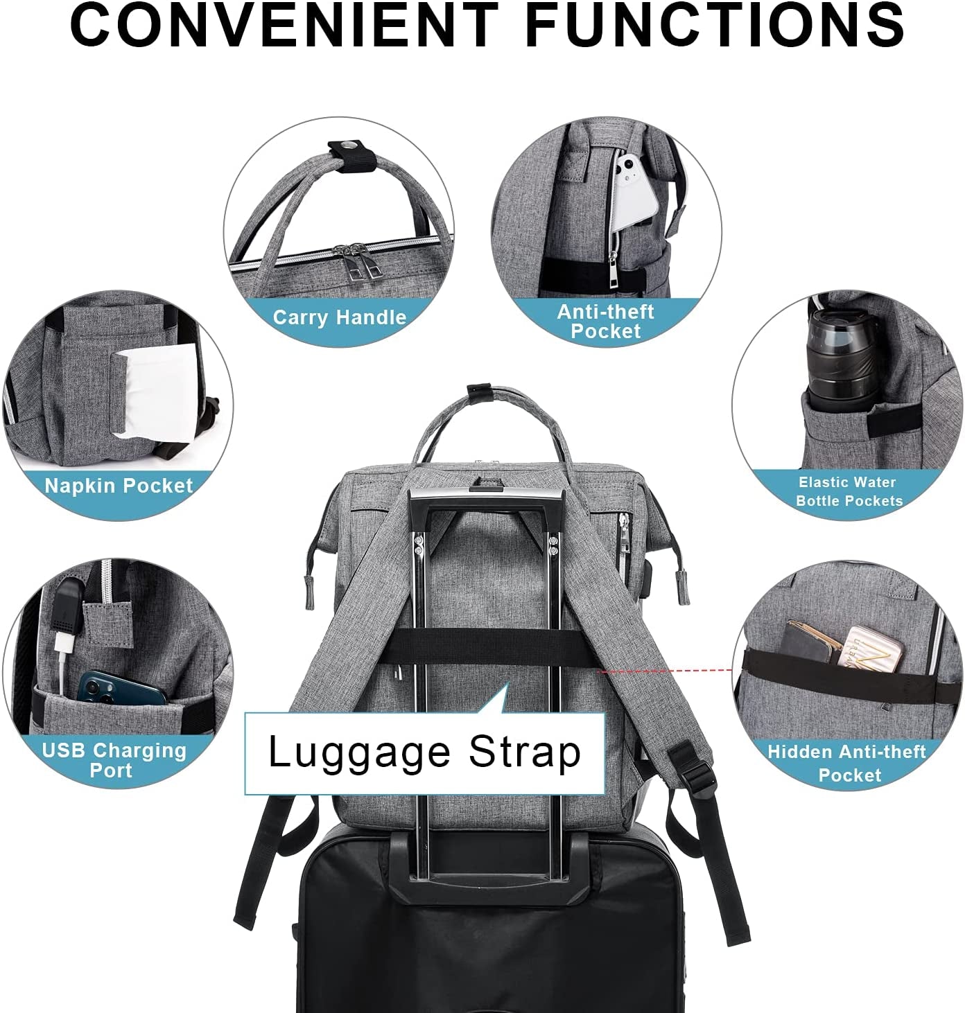 Laptop Backpack Women 17 Inch Travel Casual Daypack College Backpack Teacher Doctor Nurse Work Bags Computer Backpack Purse with USB Port Water Resistant,Grey